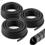Innconee 3 Piece Spiral Wrap Cable Protector front view of three black polypropylene rolls showcasing different diameters.