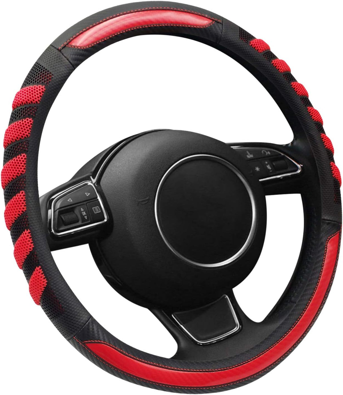 NICEASY black and red steering wheel cover close up texture