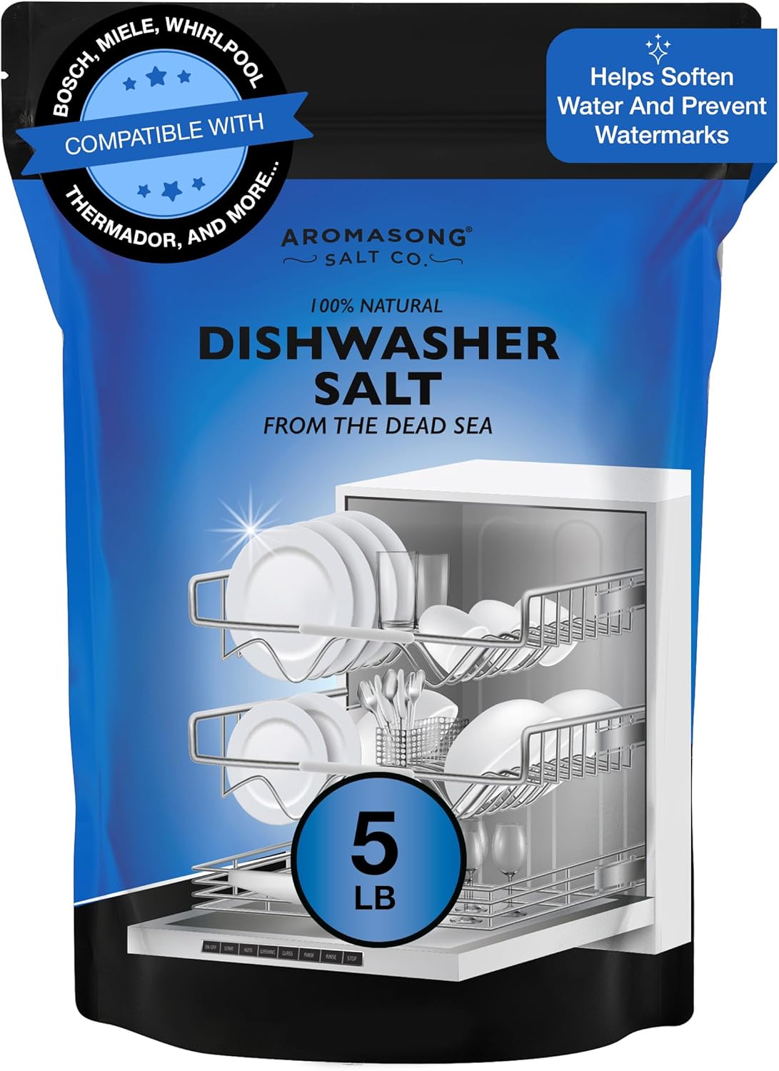 Aromasong Dishwasher Salt 5 LB - 100% Natural Water Softening Agent Compatible with Bosch, Miele, Whirlpool, Thermador and More... For Cleaner Dishes & Washer Reactivation (packaging may vary) - Image 1