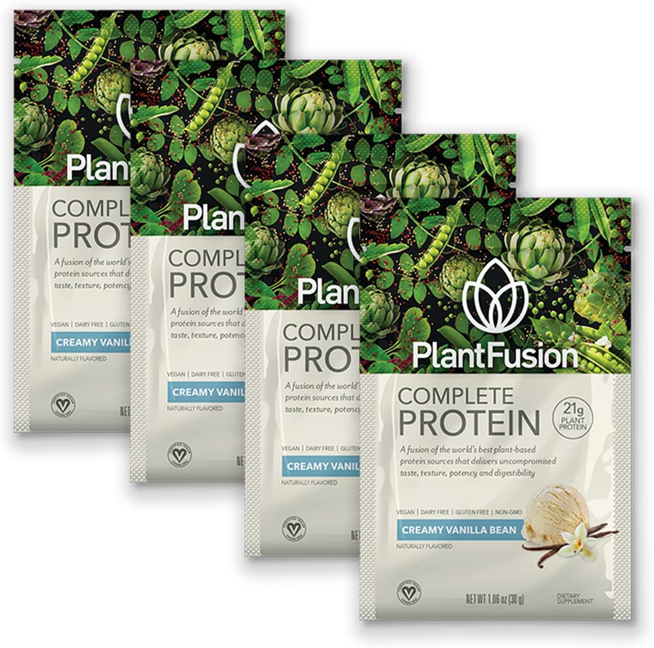 PlantFusion Complete Vegan Protein Powder Vanilla Packets front view for muscle recovery.
