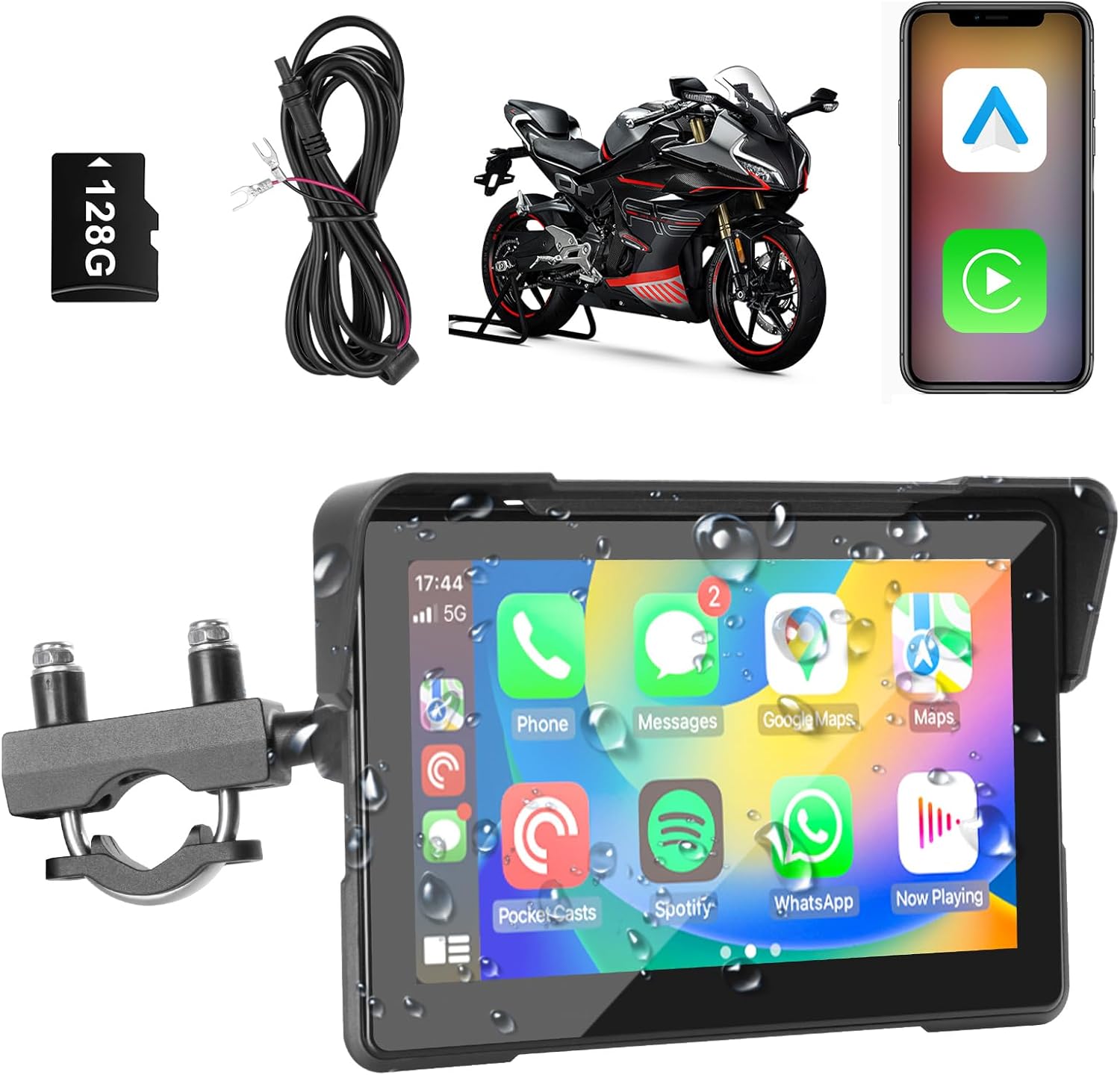 Blu7ive 7 inch wireless motorcycle CarPlay GPS display front view mounted on bike handlebars showing navigation map screen.