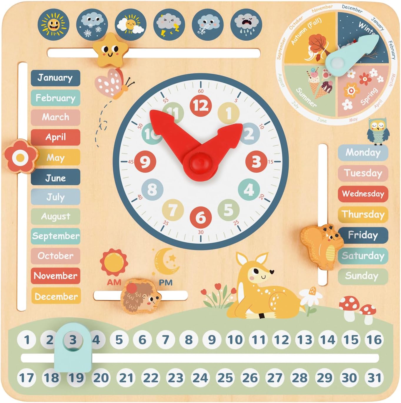 TOOKYLAND Kids Daily Calendar front view of the interactive wooden Montessori toy.