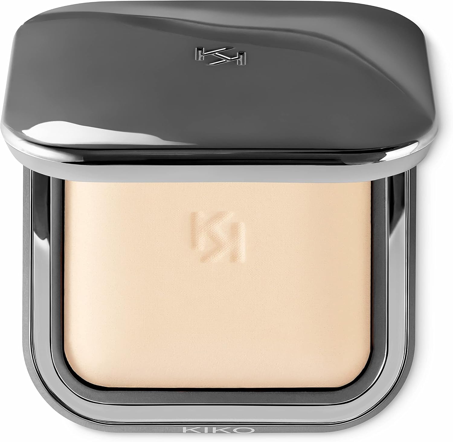 KIKO Milano Radiant Fusion Baked Powder 01 Ivory front view metallic gunmetal compact case