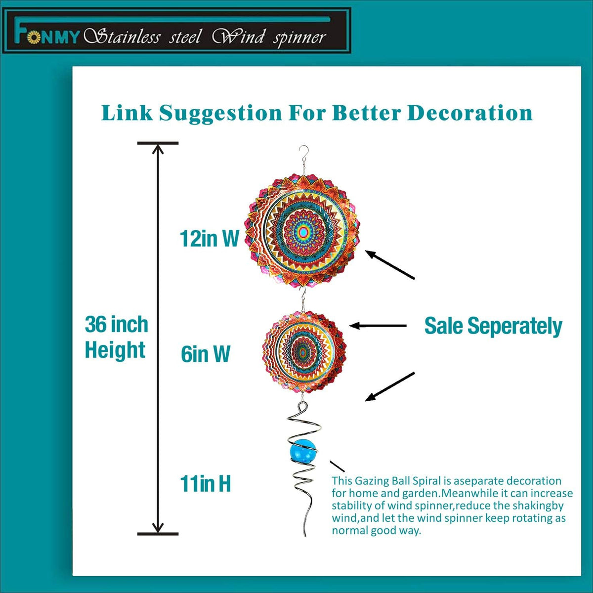 FONMY Stainless Steel Wind Spinner Worth Gift Indoor Outdoor Garden Decoration Crafts Ornaments 12 inch Multi Color Mandala Wind Spinners - Image 9