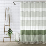 Awellife Boho Sage Green Shower Curtain front view hanging in a farmhouse bathroom.