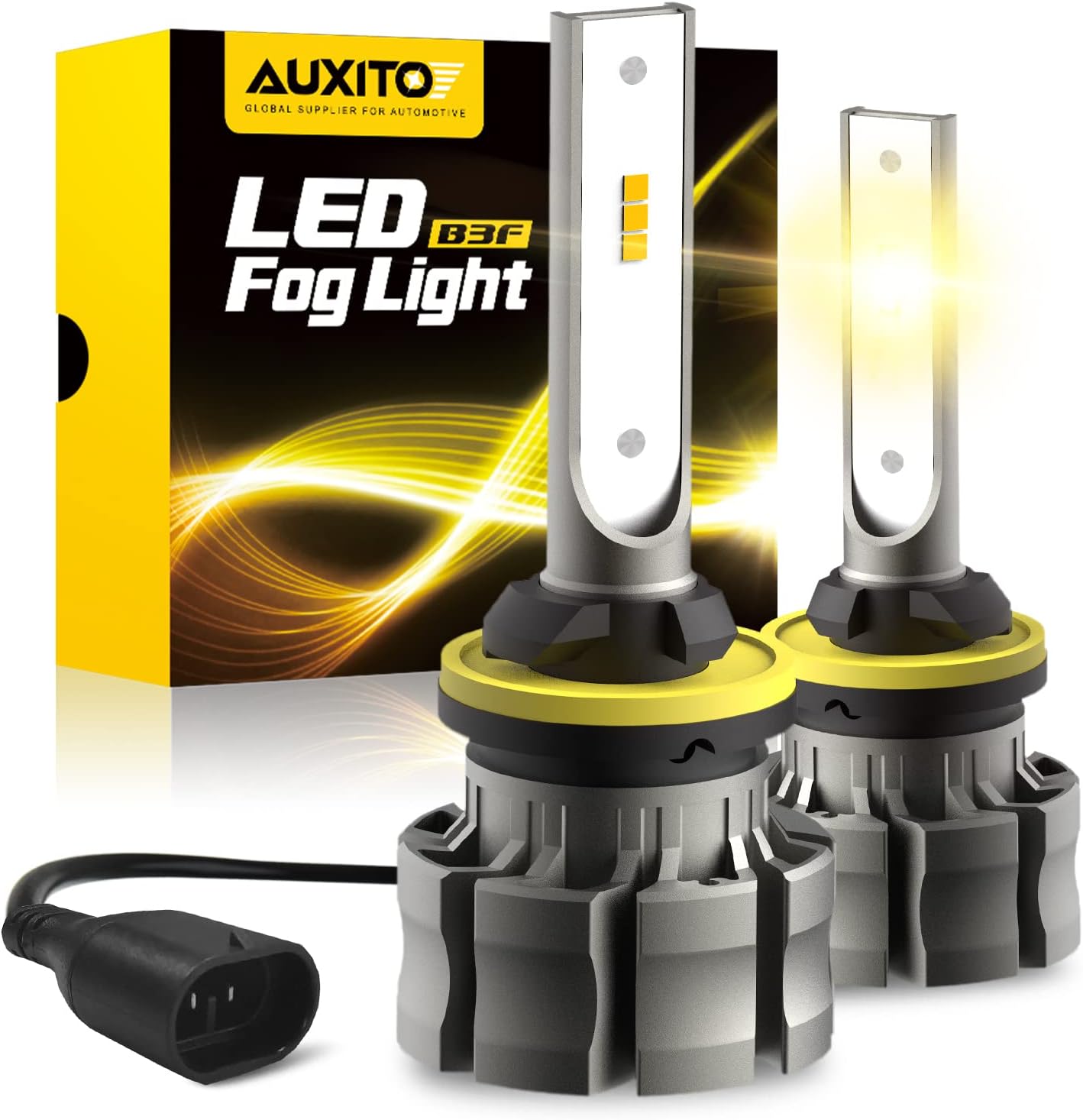 AUXITO 880 LED Fog Light Bulbs front view showing the dual-sided CSP chips and premium fanless aluminum body design.