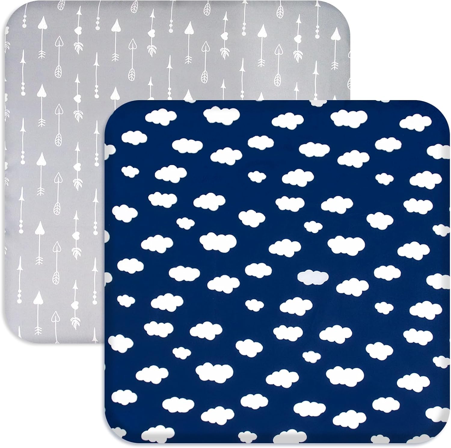 Biloban square playard fitted sheets navy cloud and grey arrow two pack front view
