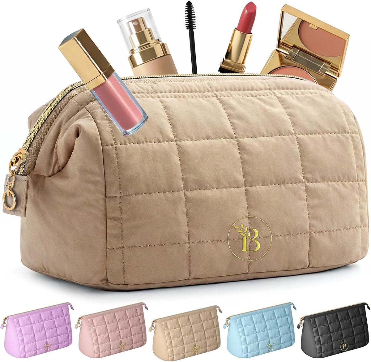 BLOOMORA Quilted Pink Makeup Bag for Women, Travel Toiletry Bag with Wide-Open Top & Zipper Pouch, Travel Makeup Case Organizer with Internal Pockets, Puffy Cosmetic Pouch for Everyday Essentials - Image 12