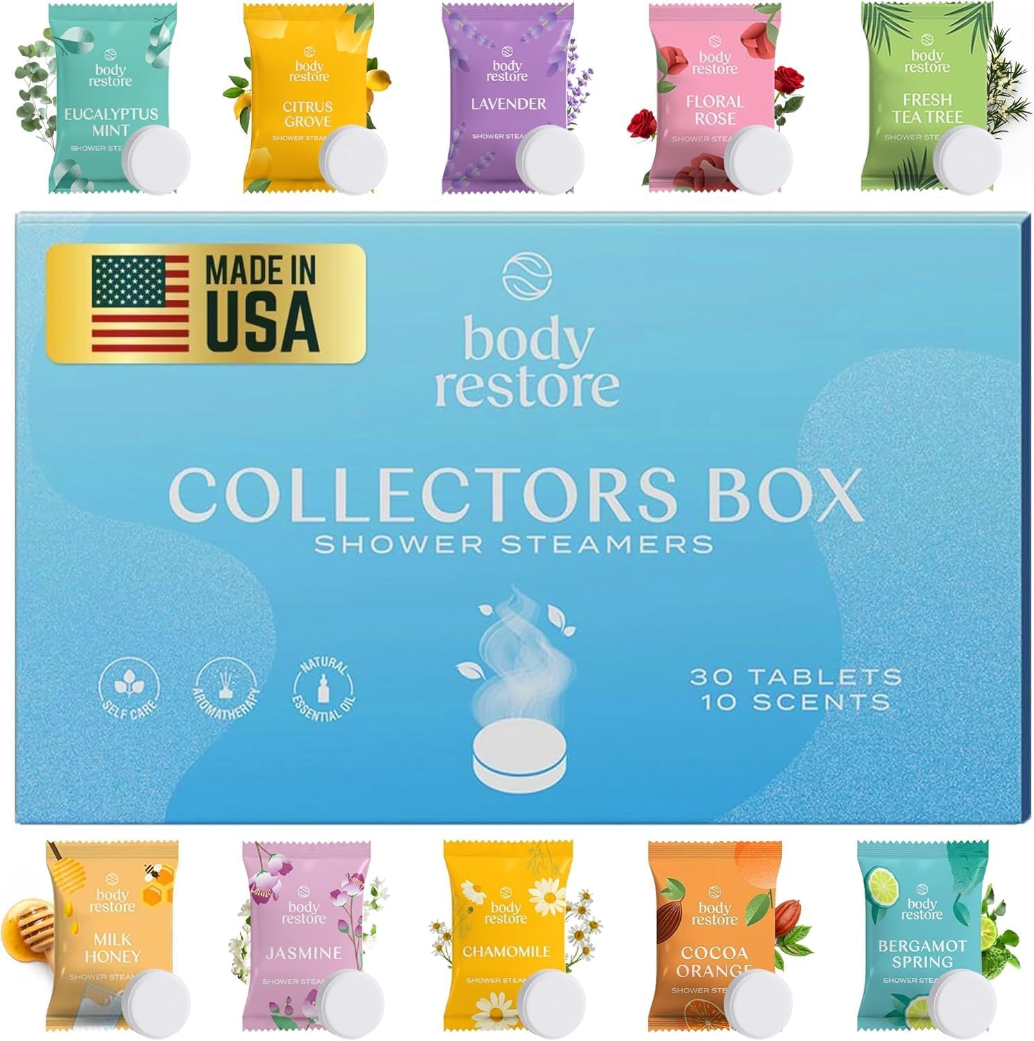 Body Restore Shower Steamers Aromatherapy 30 Pack – Valentines Day Gifts for Her and Him, Birthday Gifts for Women and Men, Relaxation, Stress Relief, Self Care – Collector’s Box - Image 1
