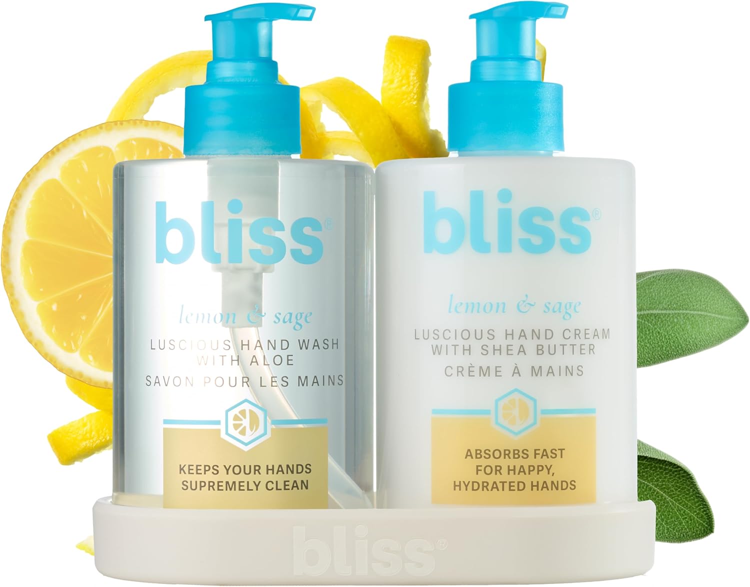 Bliss Lemon and Sage Happy Hands Duo front view showing hand wash and cream in decorative tray