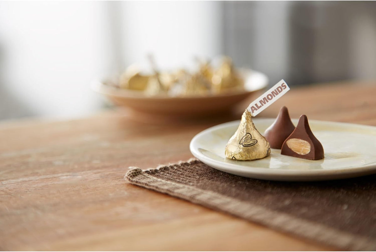 Hershey's Kisses Milk Chocolate with Almonds bag showing USA product authenticity details