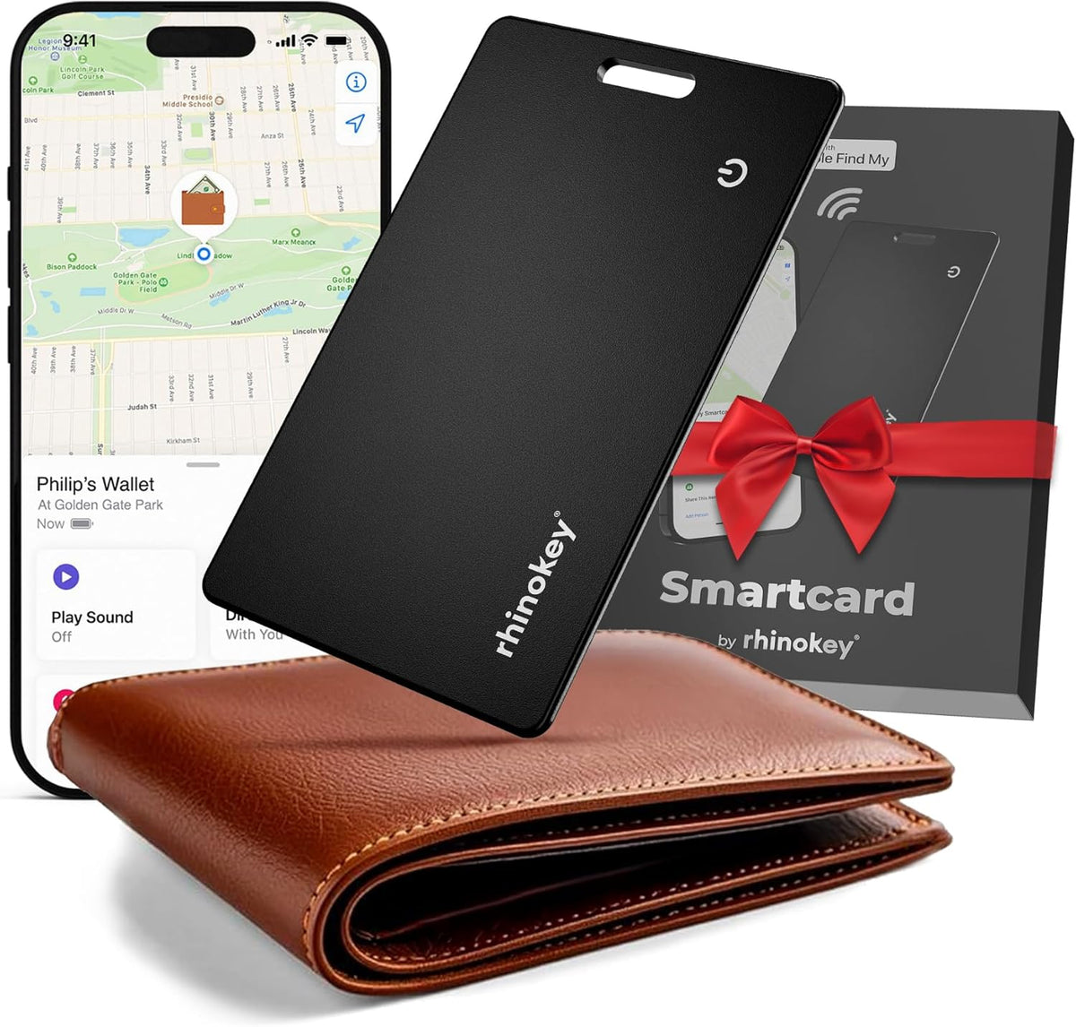 Rhinokey Apple MFi certified wallet tracker card front view showing ultra slim profile inside a premium leather bifold wallet.