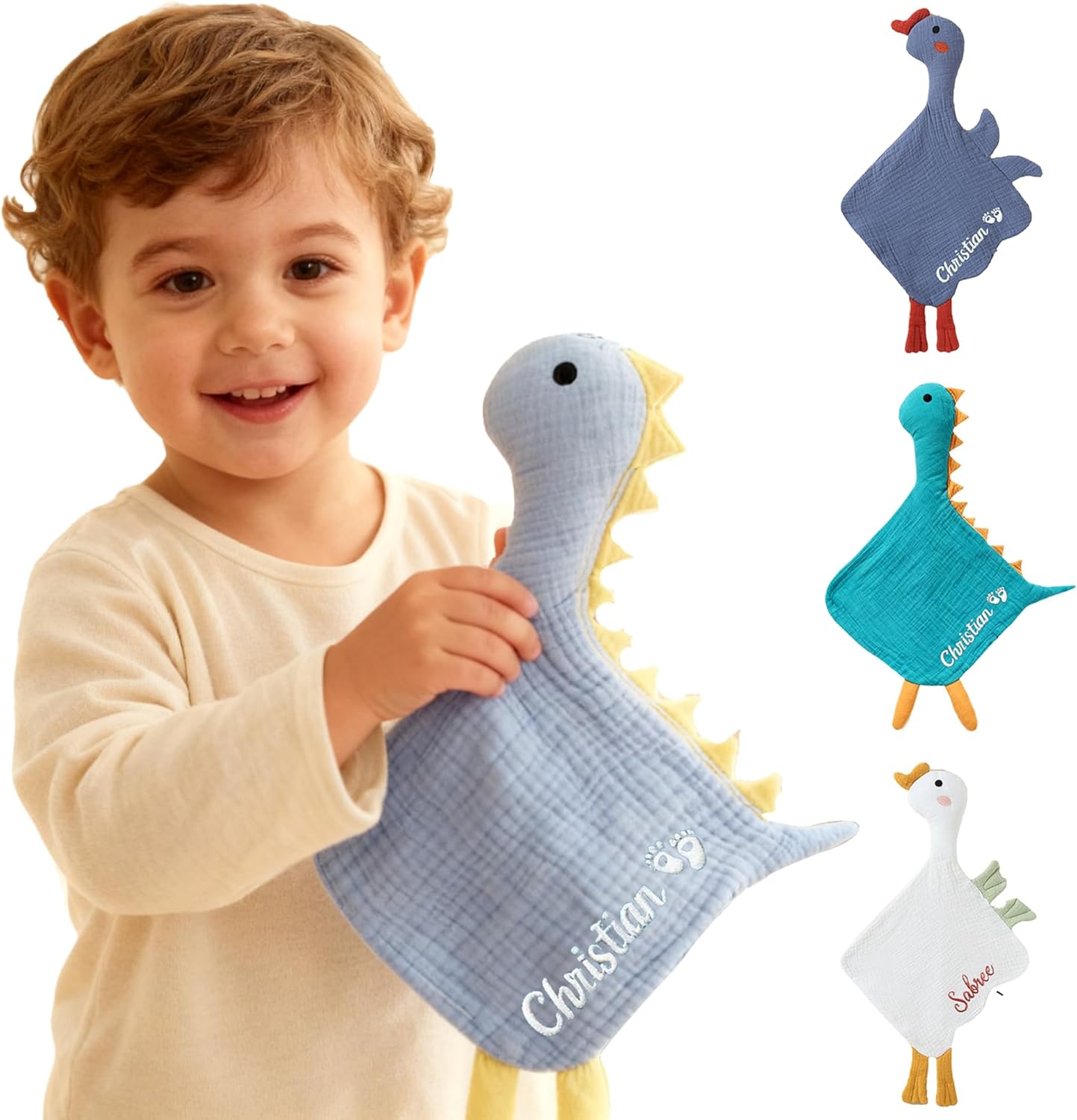 Van Fan & Shi Personalized Cotton Muslin Dinosaur Lovey Blanket front view showing custom name embroidery details.