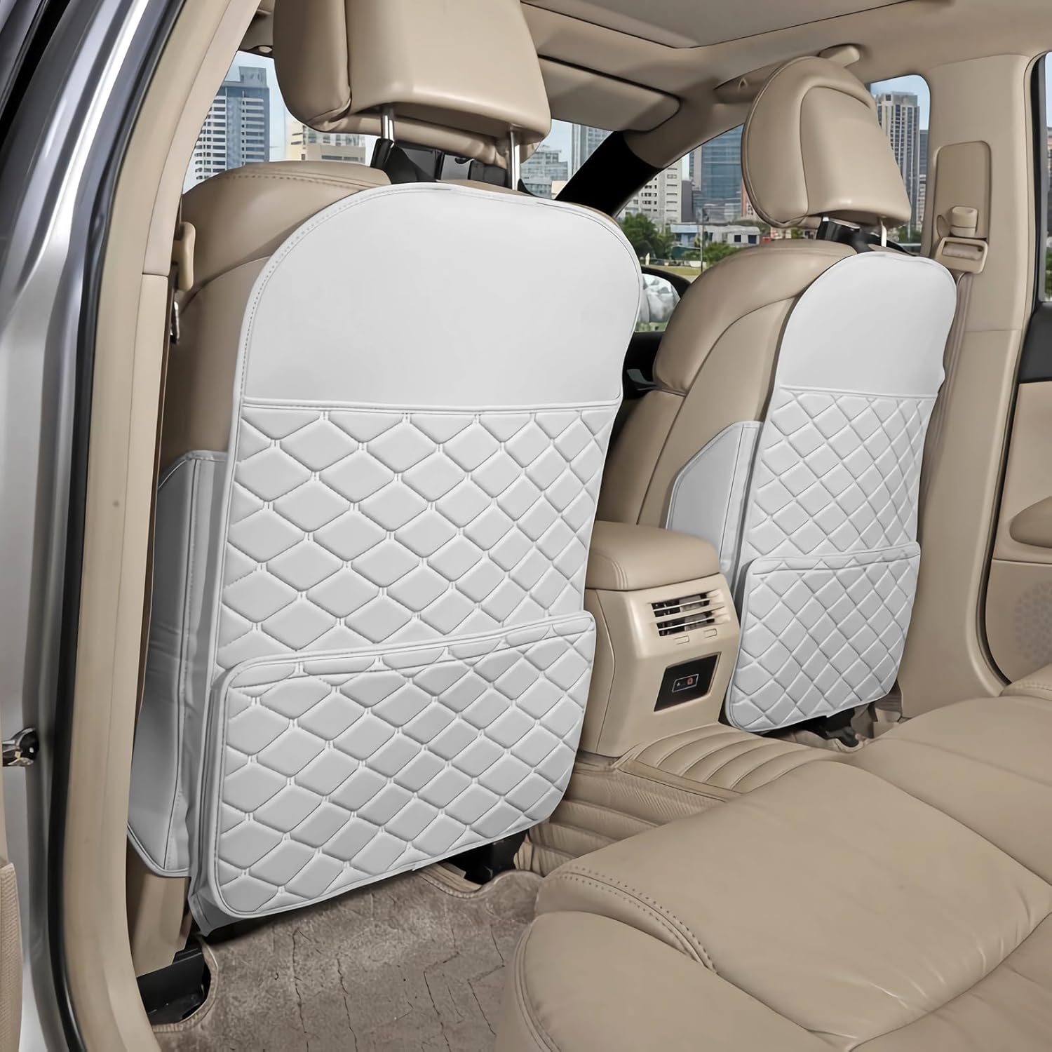 TAIKOO back seat protector cream white front view showcasing quilted pattern and storage pockets