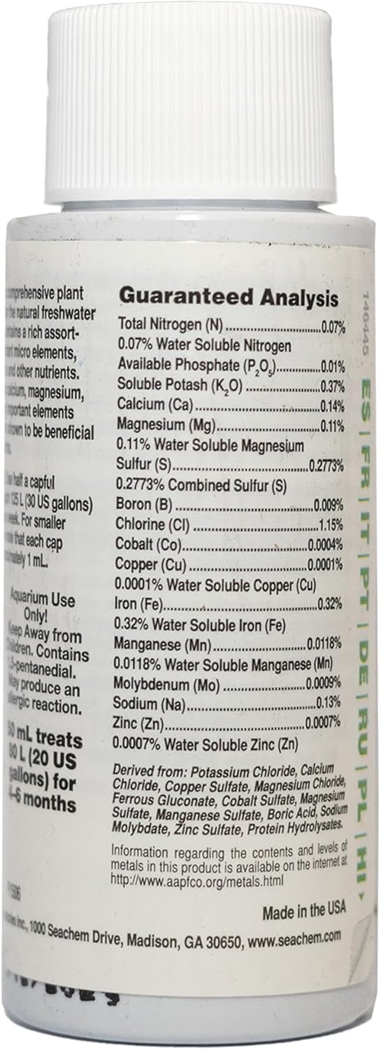 Seachem Flourish 50 ml liquid plant nutrient bottle label detail