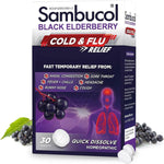 Sambucol Black Elderberry Cold and Flu Relief 30 tablets front box packaging for seasonal symptom relief.