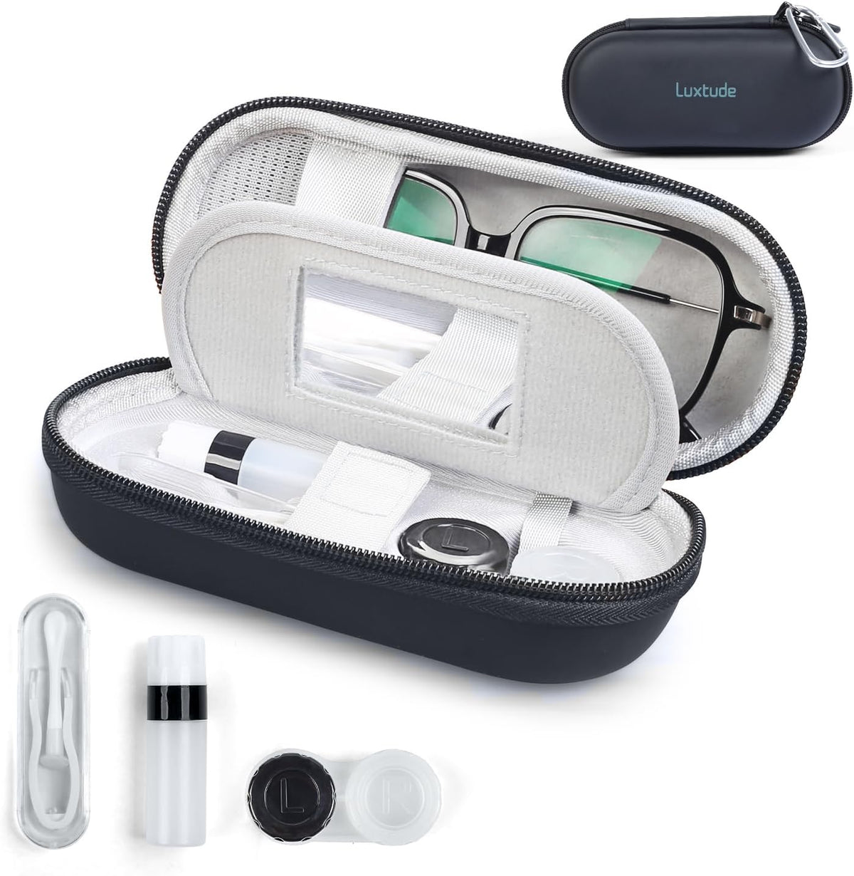 Luxtude 2-in-1 contact lens and glasses case in black front view
