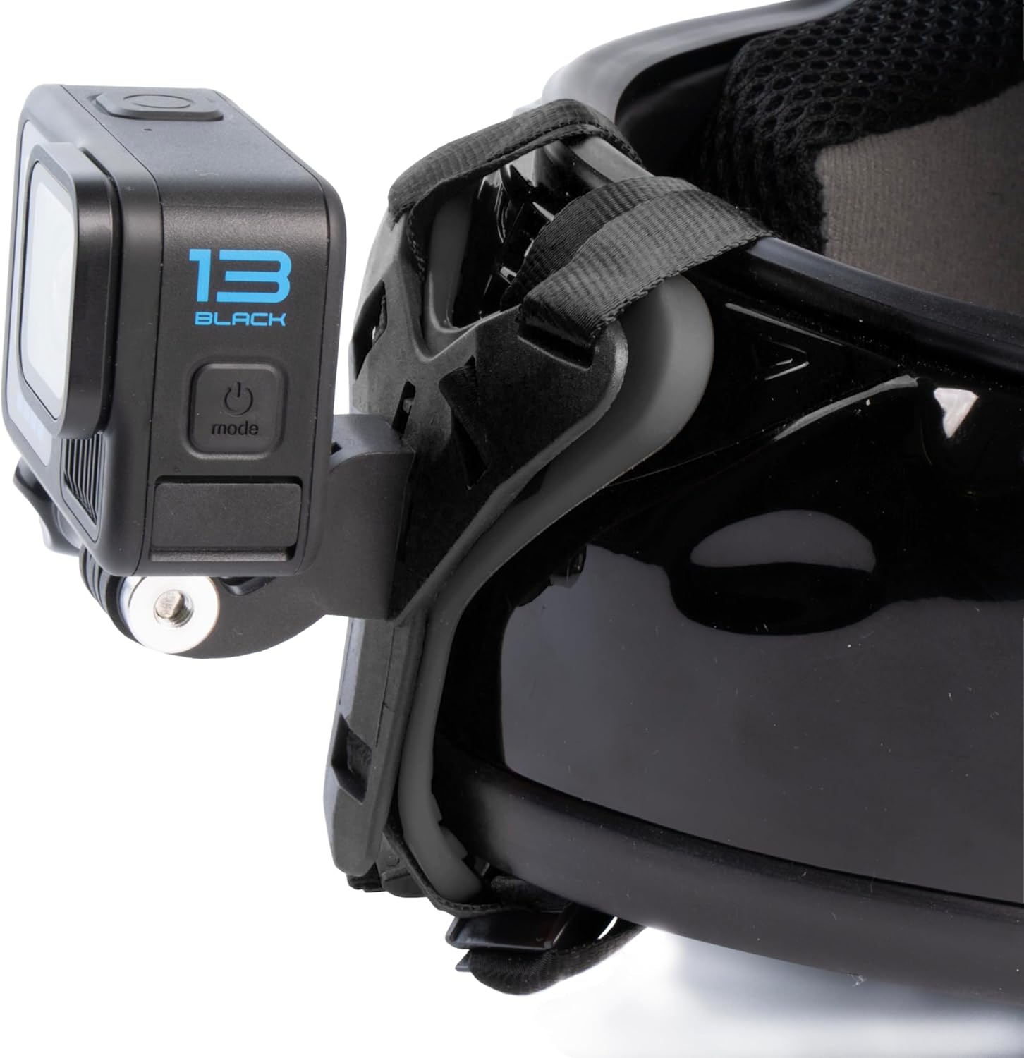 Reflex Camera motorcycle helmet chin mount front view attached to a full face helmet