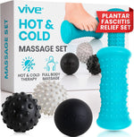 Vive massage ball set front view showing blue foot roller and black therapy balls