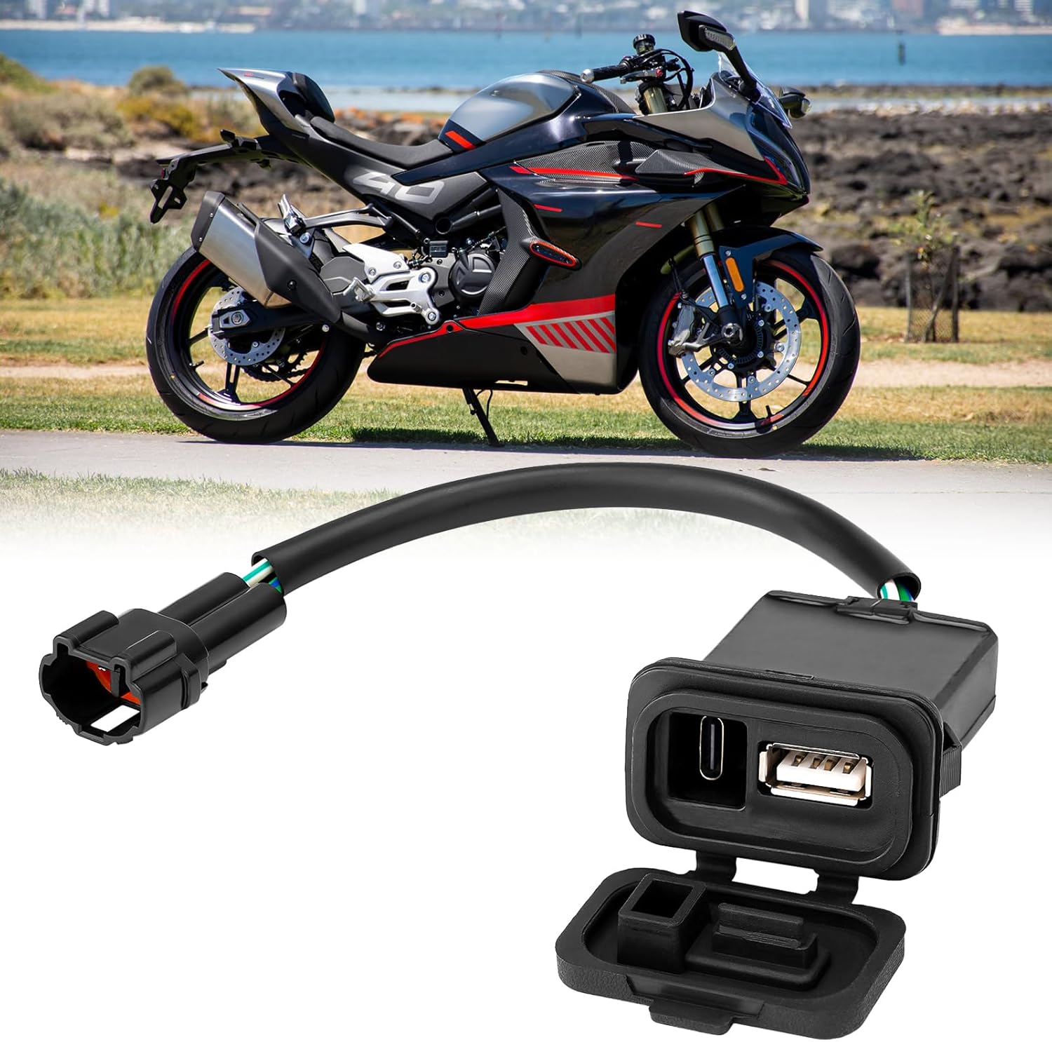 YIBEICO motorcycle dual USB Type-C fast charger front view for premium sports bikes