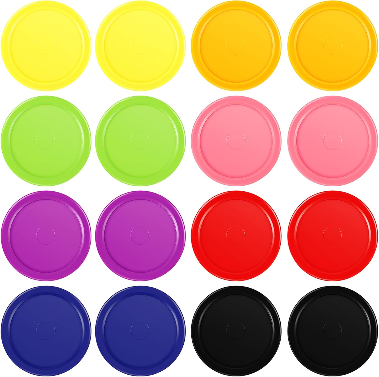 Skylety home air hockey pucks front view showing sixteen multicolor replacement pieces
