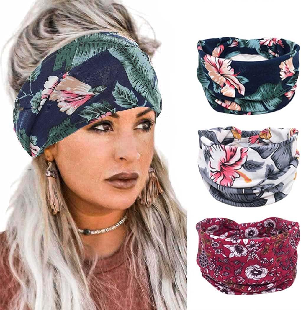 Boho Bandeau Headbands Wide Knot Hair Band Stretch Turban Head Wraps Fashion Hair Accessories for Women 3 Pcs (Elegant) - Image 11