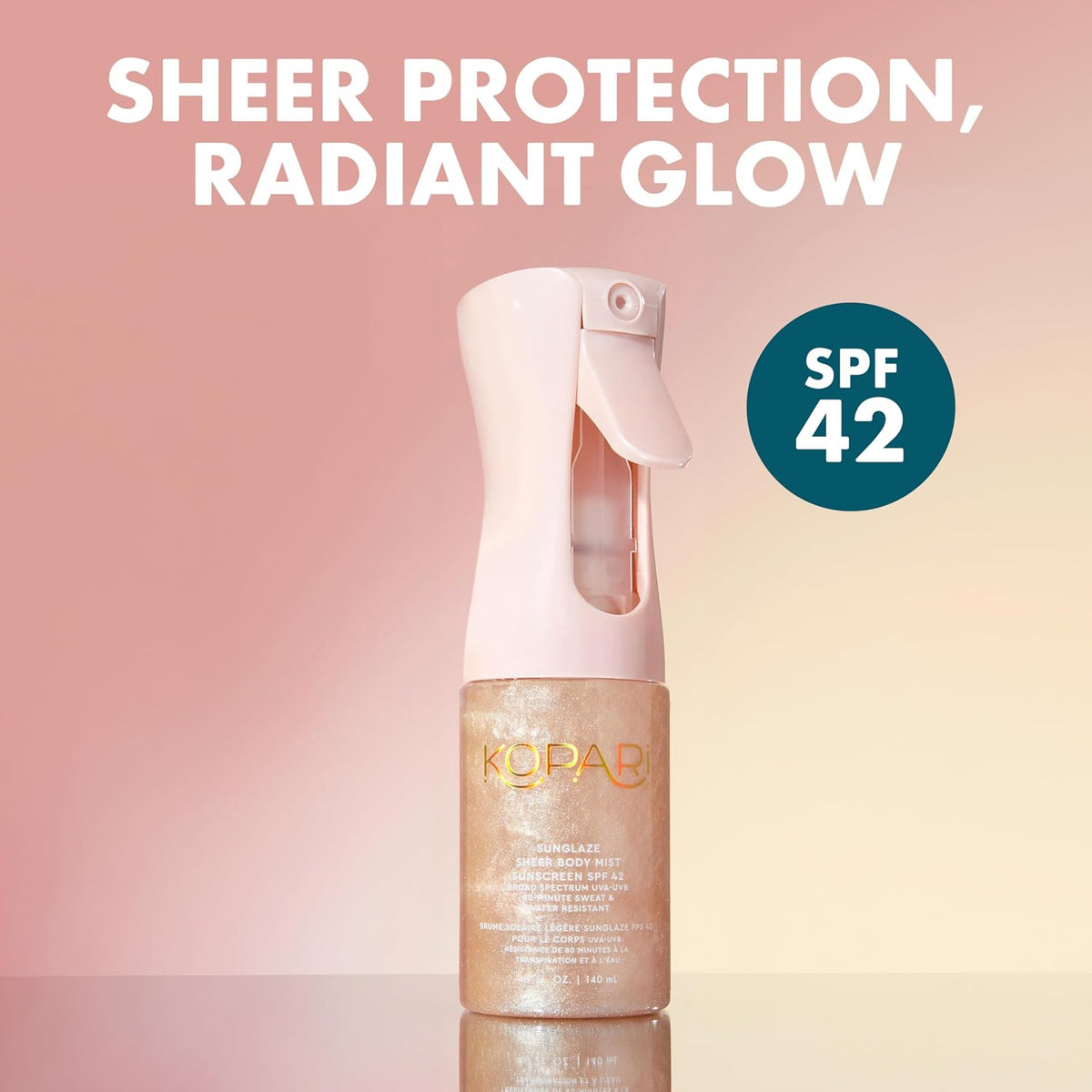 Kopari Rose Gold Sunglaze Sheer Body Mist Sunscreen SPF 42 back label with active ingredient details