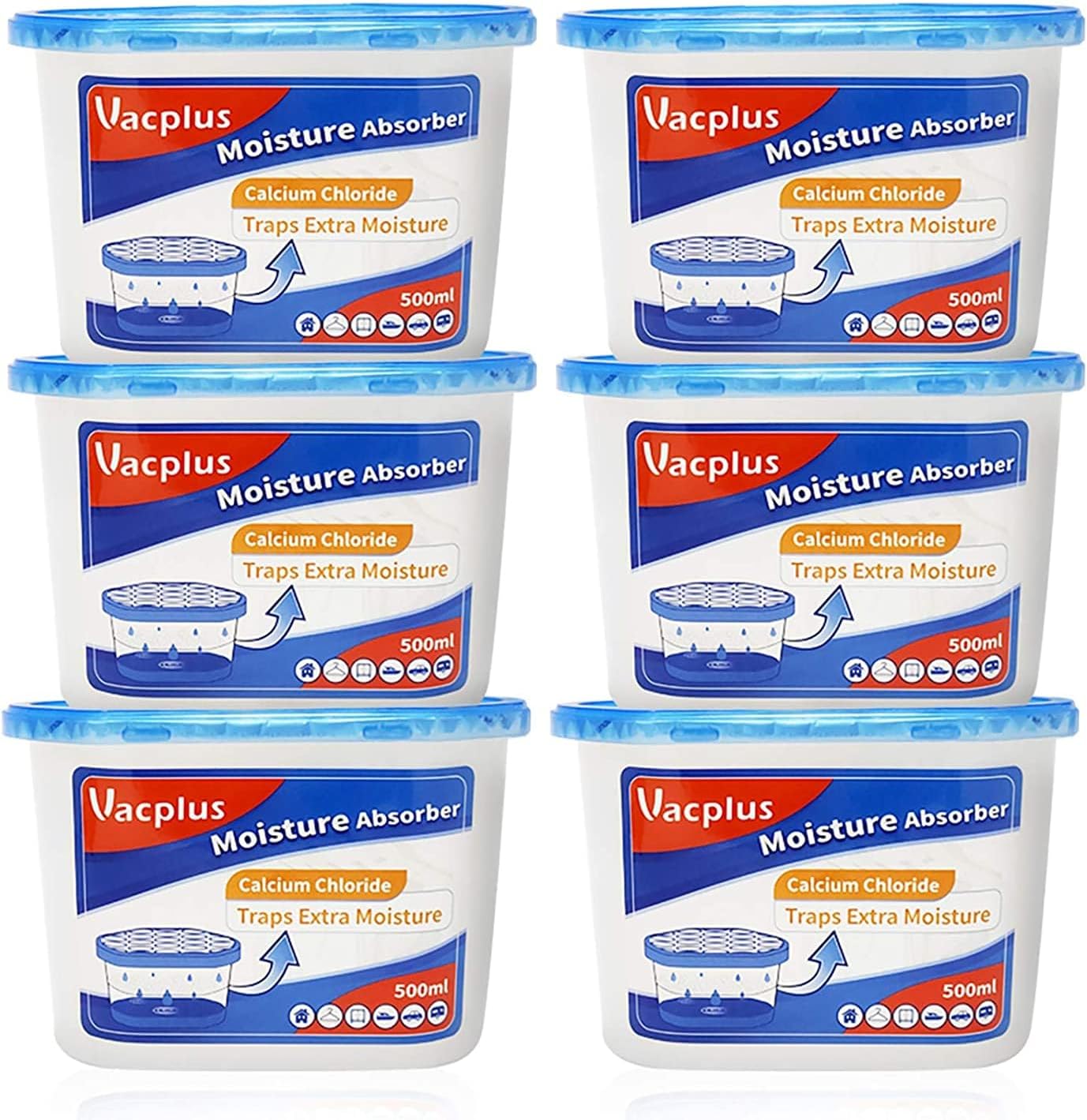 Vacplus Moisture Absorbers 6 Pack front view showing white crystals and navy blue base