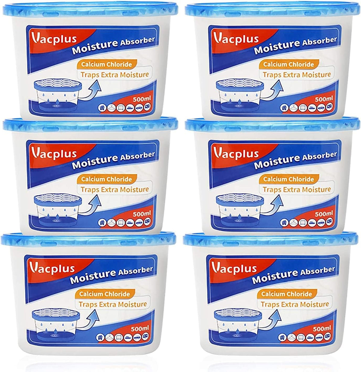 Vacplus Moisture Absorbers 6 Pack front view showing white crystals and navy blue base