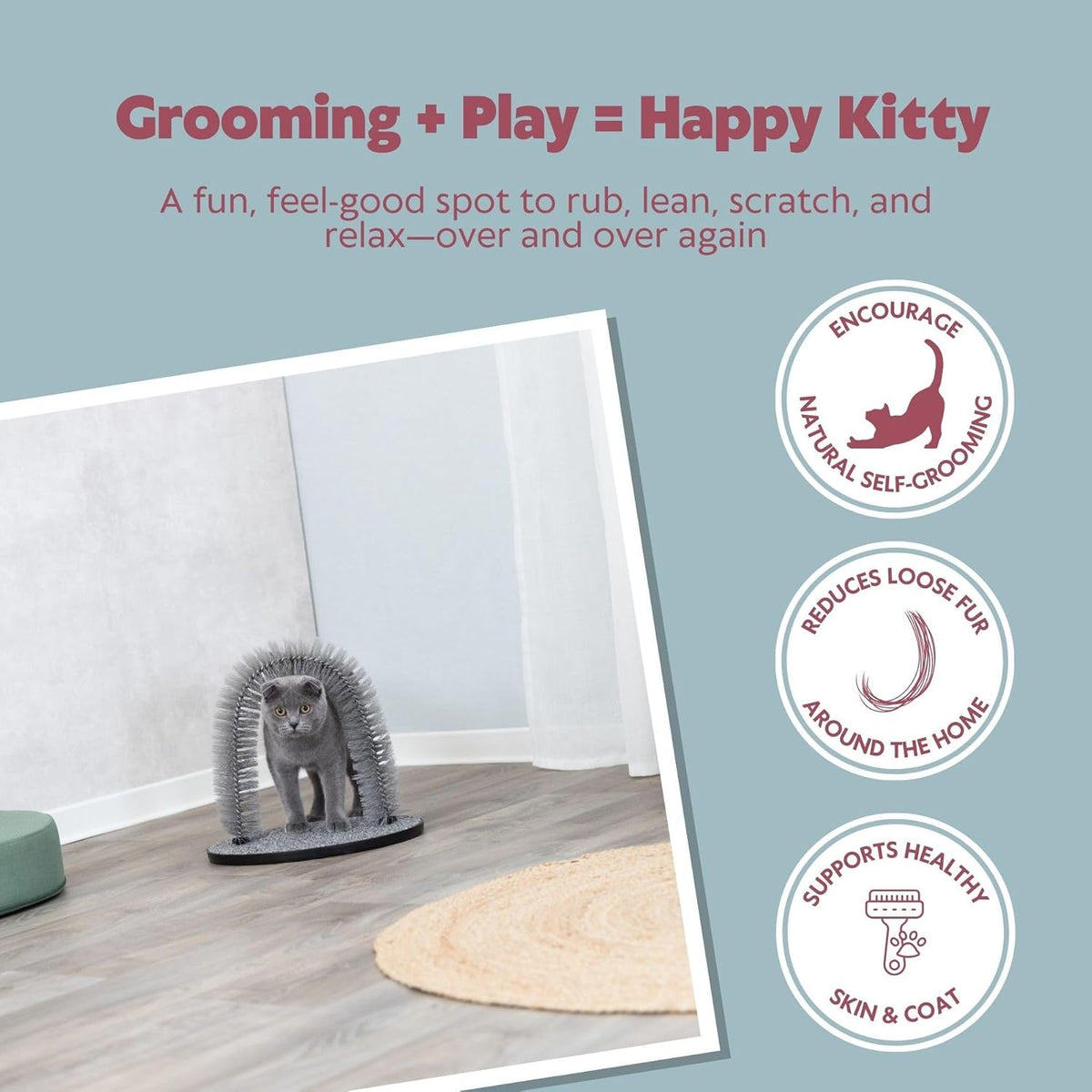 Close-up of the durable bristle ring brush on the Trixie cat self groomer
