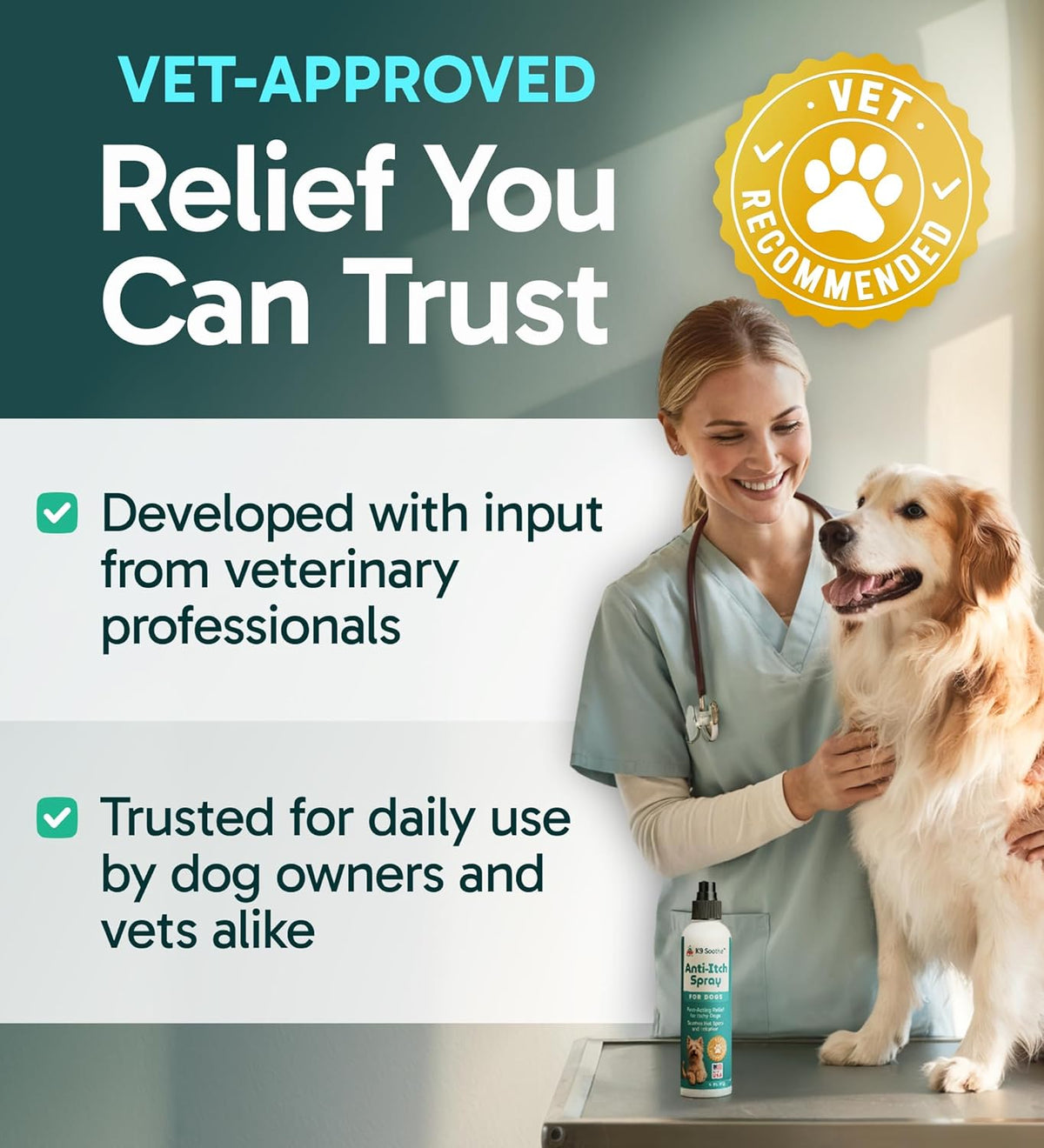Pup Labs K9 Soothe spray packaging demonstrating application for irritated pet skin