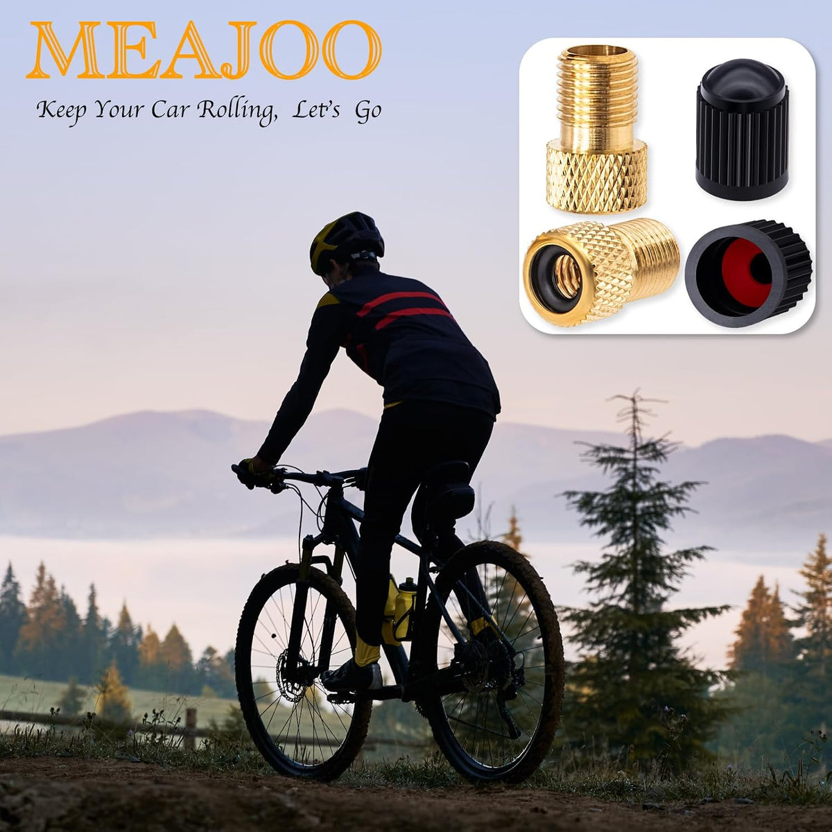 Meajoo 2 piece bike tire valve adapter set in packaging