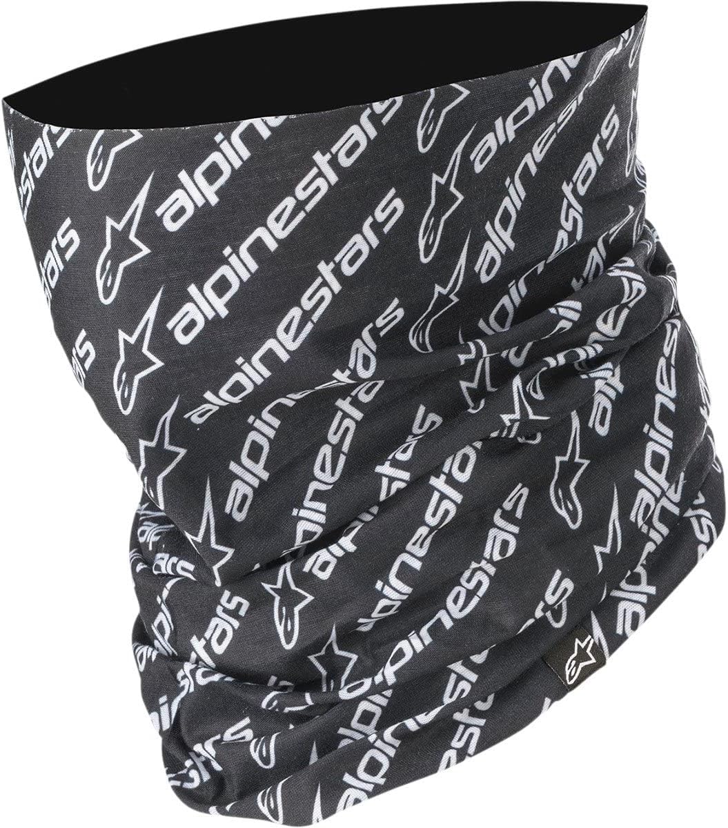 Alpinestars Linear Neck Tube in black and white graphic pattern shown in front view for motorcycle riders.