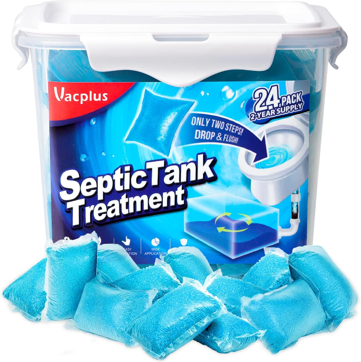 Vacplus Septic Tank Treatment 24 pack bucket front view