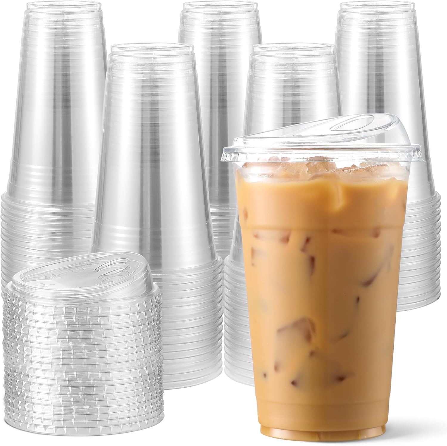 Aozita clear 16 ounce plastic cups with lids front view