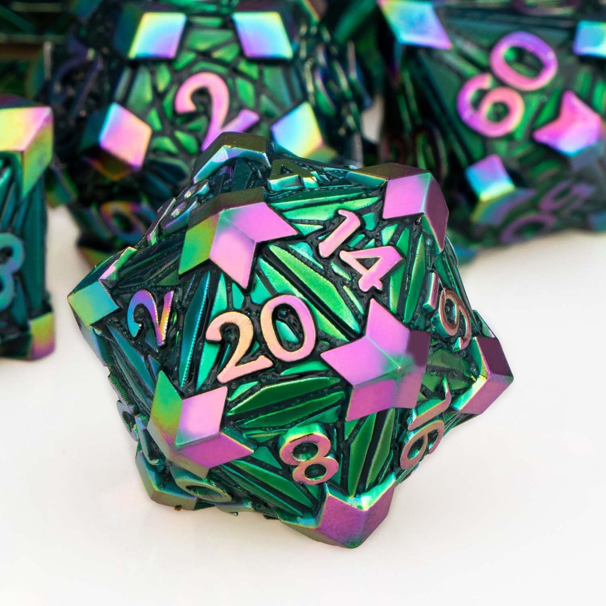 7PCS Metal DND Dice Set with Box, Debris RPG Green D and D Dice for use with D&D Tabletop Games Role Playing Game Polyhedral Dice Set D20 D12 D10 D8 D6 D4 - Image 13