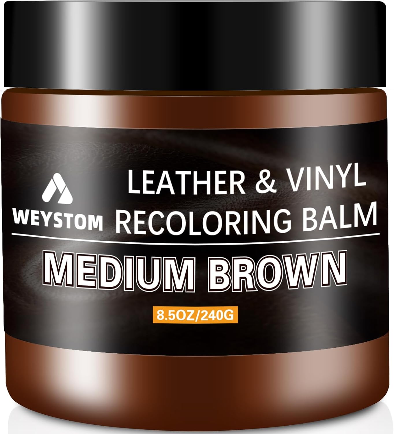 WEYSTOM Leather Recoloring Balm Medium Brown front view of the packaging jar showcasing the professional formula for furniture repair.