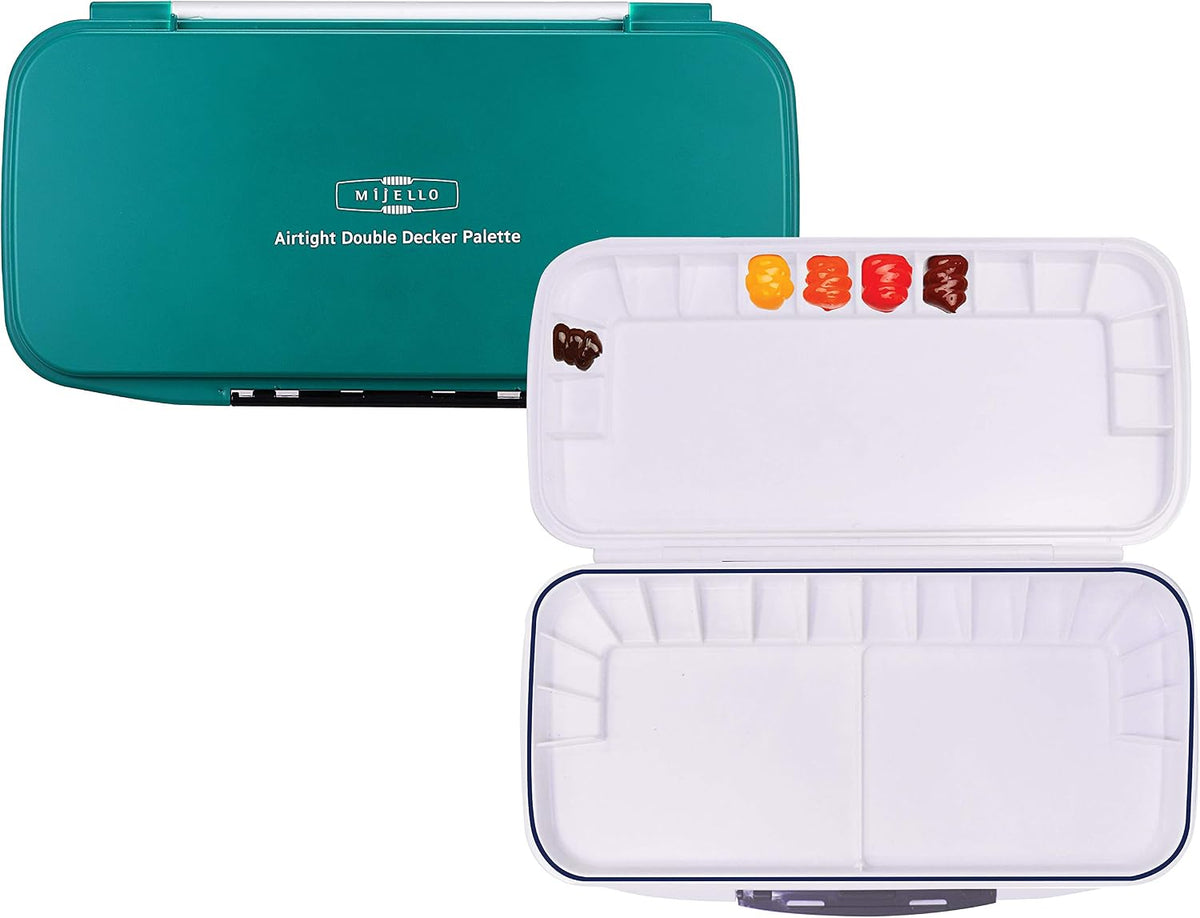 Mijello watercolor palette front view showcasing the teal double decker design