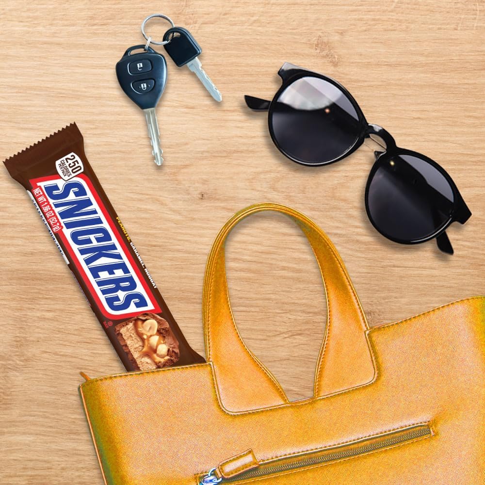 Close up shot of the original Mars Snickers chocolate bar packaging from the United States.