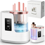 CAPOT 3 in 1 electric makeup brush cleaner front view showing cosmetic brushes inserted in the silicone lid