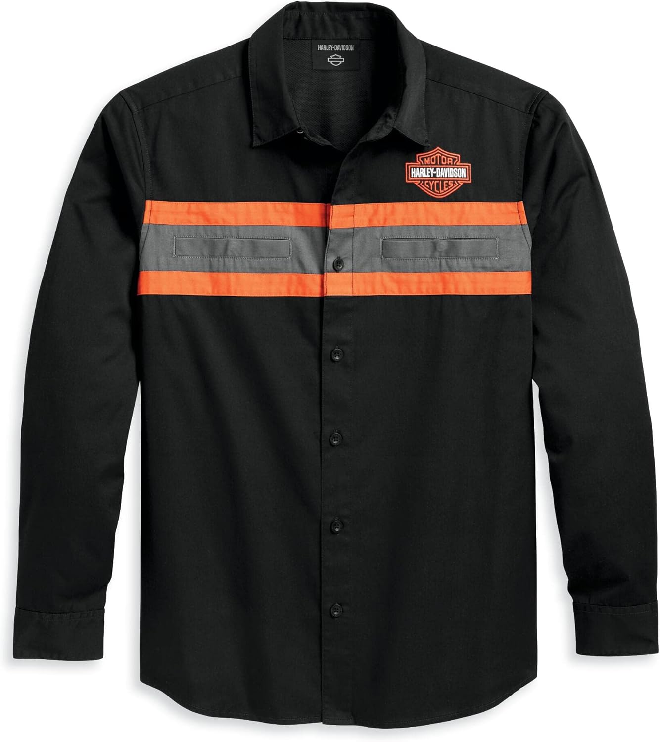 Harley-Davidson Men Performance Colorblocked Long Sleeve Woven Shirt front view featuring orange and grey chest striping with direct embroidery