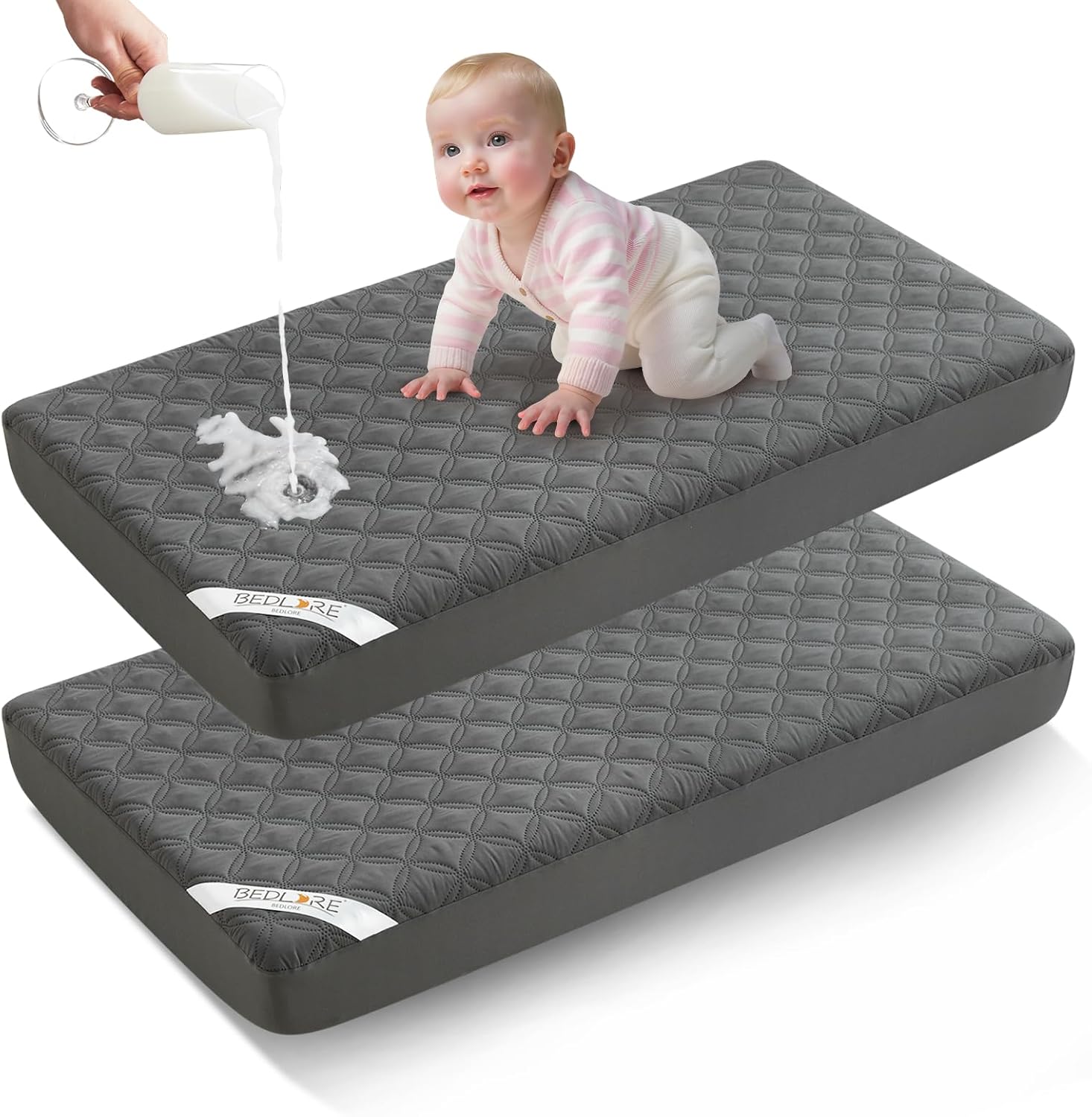 Bedlore waterproof crib mattress protector front view showcasing the quilted coin pattern in soft gray.