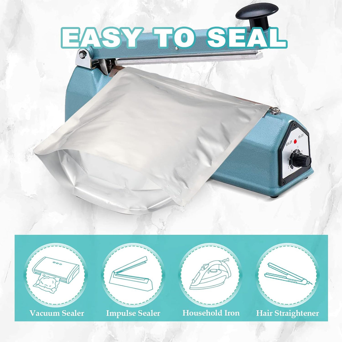 SHXWELL 10 mil mylar bags displaying resealable zipper and tear notch