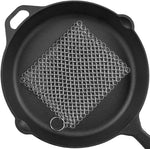 PIBC Cast Iron Cleaner front view 316L stainless steel chainmail scrubber for kitchen maintenance.