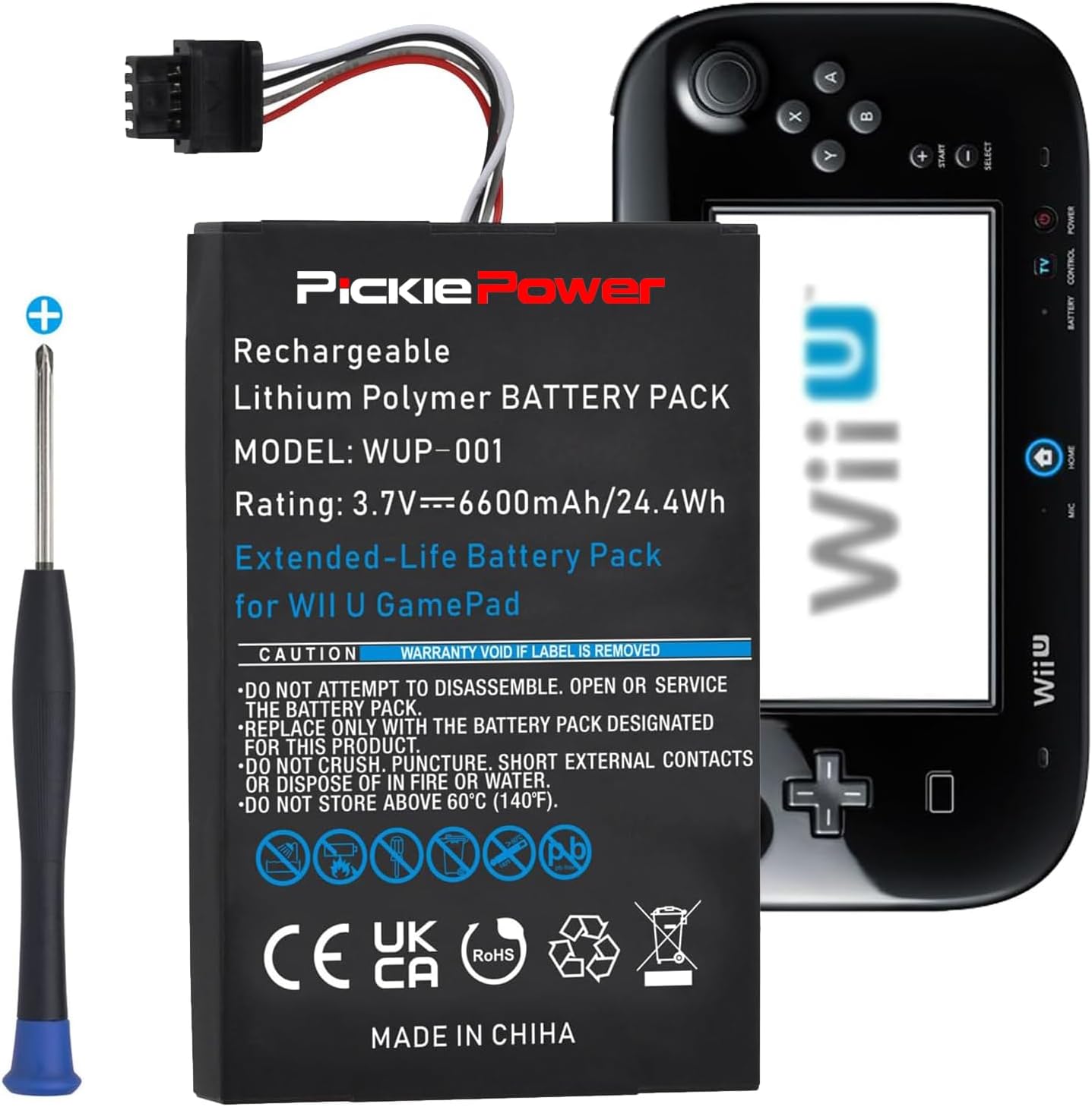 Pickle Power 6600mAh Wii U Gamepad Battery pack front view showing premium packaging