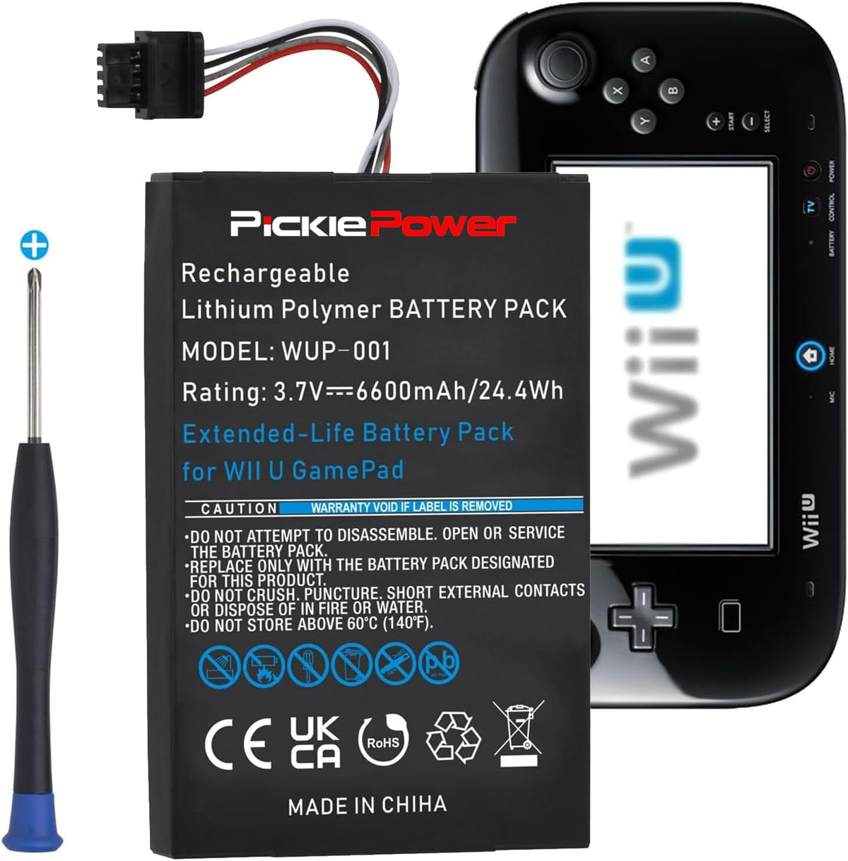 Pickle Power 6600mAh Wii U Gamepad Battery pack front view showing premium packaging