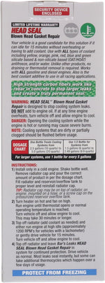 Back label view of Bar's Leaks head gasket repair fluid with dosage instructions