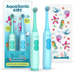 Aquasonic Kids Electric Toothbrush Set front view showing two blue toothbrushes and sticker sheet