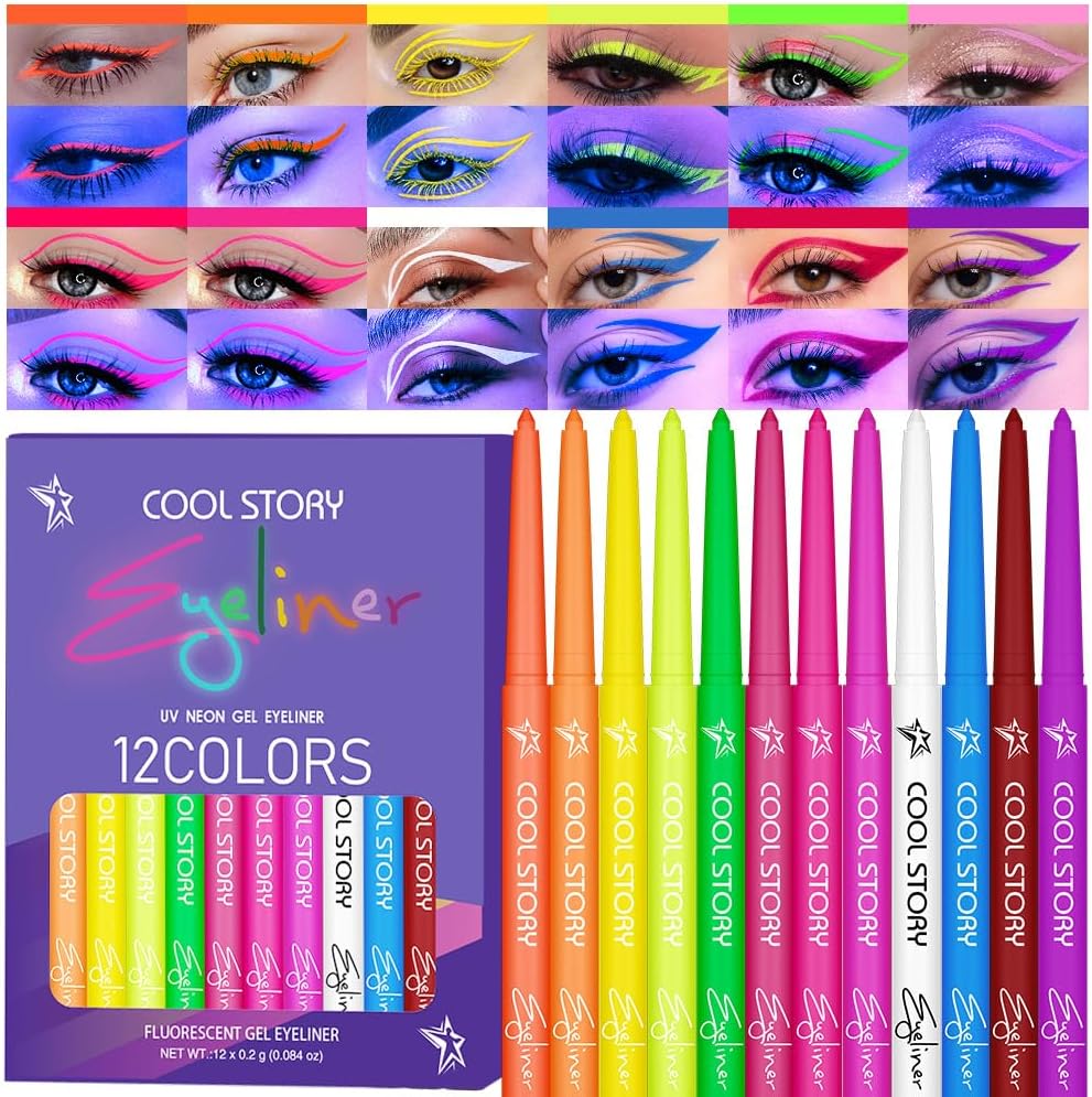 BestLand 12 Colors UV Neon Eyeliner set front view showcasing twelve vibrant liquid pens for festive makeup.