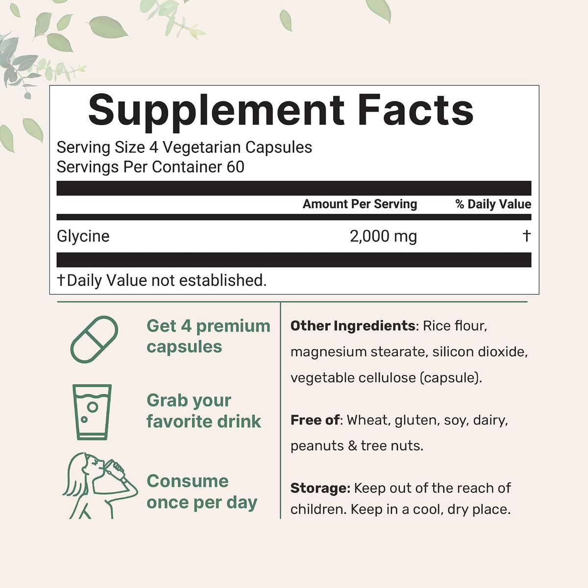 Micro Ingredients glycine supplemental facts panel showing serving size and ingredients.